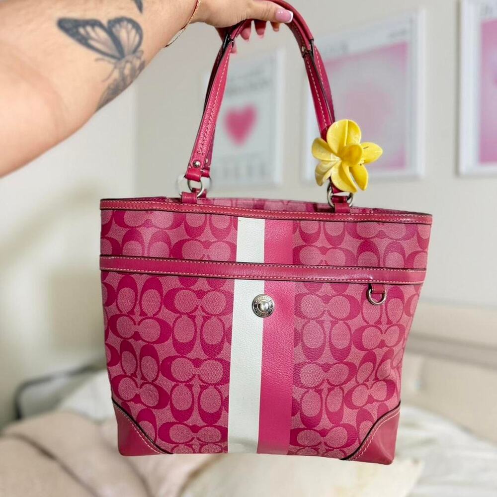 Coach pink heritage stripe tote